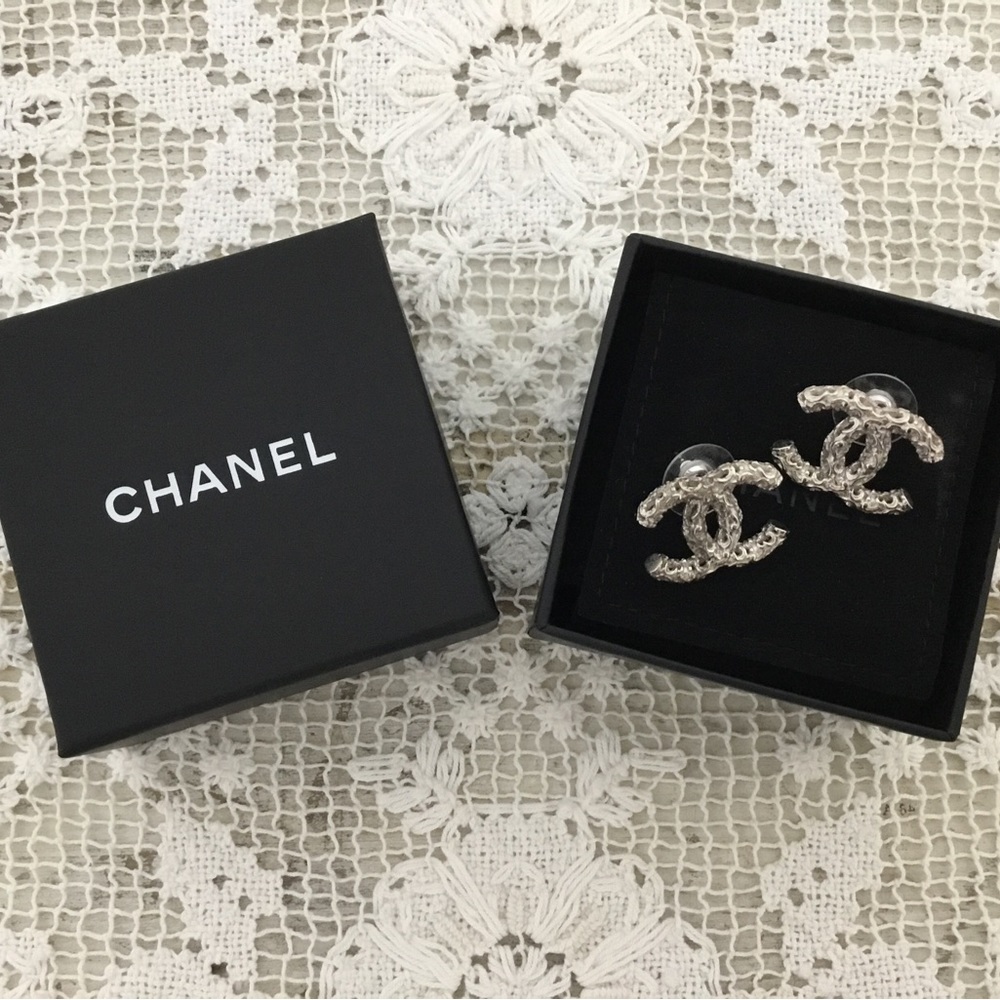 AUTH CHANEL Silver CC Stud Earrings